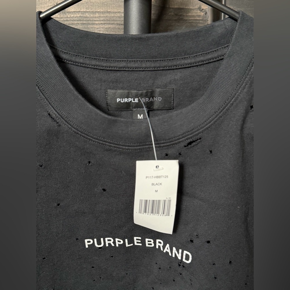 Purple Brand Distressed T-Shirt Black Size M Men’s Graphic Tee NWT Holes Logo - Picture 2 of 4